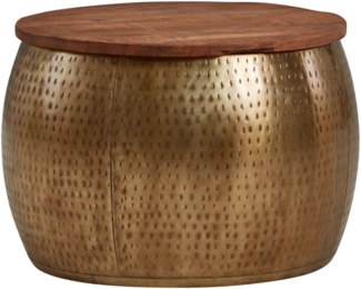 Couchtisch Mango Massivholz Metall 60 x 60 x 40 cm Gold Rund mit Stauraum, Design Wohnzimmertisch abnehmbare Platte, Loungetisch Sofatisch Wohnzimmer Modern