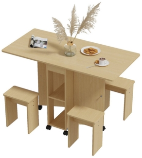 FUFU&GAGA Klapptisch Klappbarer Esstisch mit Hocker und Rollen, MDF, Natur, 120×59,5×77 cm