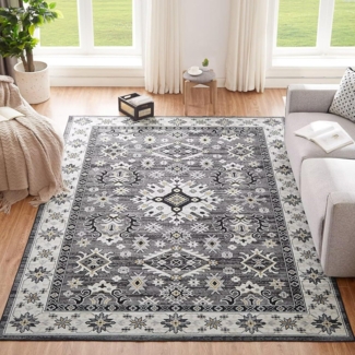 Waschbarer Vintage Teppich 120x170CM Schlafzimmer Groß Weich Rutschfest Grau