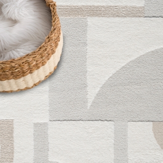 Teppich Rund 200x200cm - Creme Geometrische Muster Boho Design Flachflor Hochtief Struktur Bodenbelag Deko