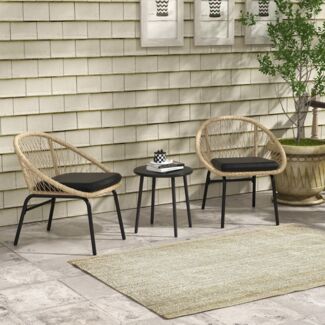 Flieks Gartenmöbel Set 3-tlg mit 2 Stühlen, Couchtisch & Kissen, Outdoor Balkonmöbel Set für 2 Personen, Rattan, Hellbraun
