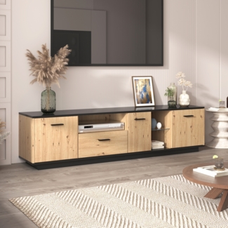 TV-Schrank mit einer Schublade, drei Tren, zwei offene F?cher mit Glas TV-M?bel, TV-Board, TV-Lowboard Feinstruktur. Schwarze und natrliche Holzfarben. 15 variable LED-Leuchten.