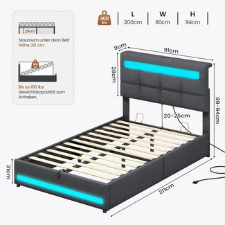 MSMASK Polsterbett 90×200cm, Jugendbett mit LED und USB-Ladefunktion, Linen, Funktionsbett mit Stauraum und Lattenrost, Ohne Matratze