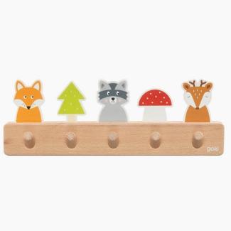 goki 60662 - Garderobe Waldfreunde aus Holz, Kindergarderobe mit 5 Haken, Niedliche Waldmotive Fuchs, Waschbär, Reh, Hakenleiste für Kinderzimmer, Fördert Ordnung und Selbstständigkeit, ab 1 Jahr