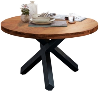 Massivart® Esstisch EDUARDO Massivholztisch rund 130 cm / Akazienholz lackiert, Tischplattenstärke 50 mm / Metallgestell schwarz