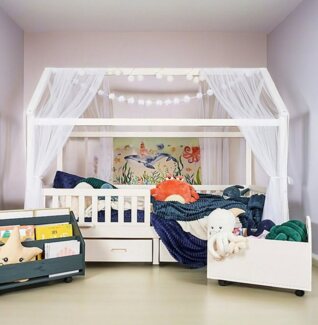 Alavya Home® Betthimmel Pompom DEKO SET 150x340 cm für Kinderbett und Hausbett (80x160 - 90x200), Himmelbett Kinderbett Mädchenbett Dekoset 4 teilig für Kinderzimmer