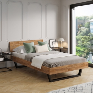 skølm 'Alver' Bett 120x200 cm, Bettgestell, natur geölt, Massivholzbett aus Eiche mit Metallkufen, Doppelbett mit durchgehendem Bettkopf