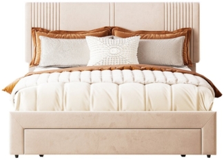 OKWISH Polsterbett mit Lichtleiste und USB-Buchse, Rückenlehne und großer Schublade (geeignet für Erwachsene und Jugendliche 140 x 200 cm, Doppelbett, hautfreundliches Doppelbett in Samtstoff), ohne Matratze