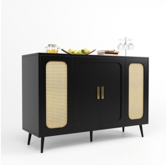 HAUSS SPLOE Sideboard mit Blistertüren, Rattan-Holzschränke Küche Wohnzimmer Schwarz (Rattan-Holzschränke, 1 St, 4 Türen), Rattan-Holzschränke mit Superfächern