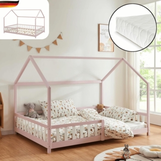 DELUKE® Kinderbett 90x200 OKLA - mit Matratze Lattenrost Rausfallschutz Haus-OptikEinzelbett aus Holz Hausbett Kinderzimmer Montessori Bett Rosa