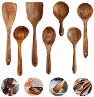 MODFU Kochbesteck-Set Holz Küchenutensilien Kochgeschirr Set Küchenhelfer (Holzutensilien Kochset Antihaft Hitzebeständig ohne Utensilienhalter, 7-tlg, Holzspatel, Kochutensilien, kratzfrei, antibakteriell), Massivholz Multifunktionales Holzlöffel Koch...