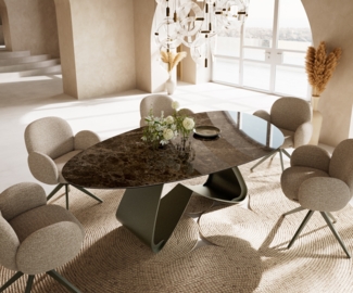 Esstisch Edge Oval 220x120 Keramik Laminam® Emperador Extra Lucidato Dunkelbraun W-Gestell Metall Effektfinish Titan