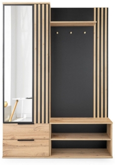 Deine Möbel 24 Garderobe LEONI mit Spiegel und Schubladen, Flurgarderobe in Schwarz Eiche Wotan (Set, 1 St, Robuste Verarbeitung mit ABS-Kanten, langlebig & pflegeleicht), Garderoben-Set, modern mit Lamellen und viel Stauraum