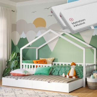 Bellabino 'Vils' Hausbett 90x200 cm mit Gästebett 90x190 cm und 2 Matratzen, weiß, Kiefer Massivholz, Montessori Kinderbett mit Ausziehbett, inkl. Rausfallschutz und Lattenrost