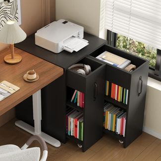 Merax Bücherregal mit Rollen–mobiles Sideboard mit ausziehbarer Seitenschublade, große Rollen, Kantenschutz, umkehrbare Links-/Rechts-Konfiguration