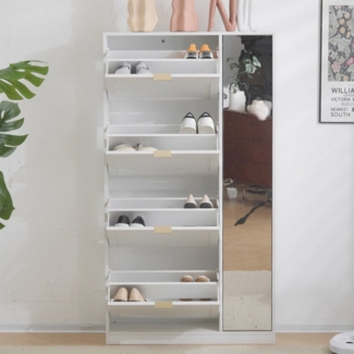 Flieks Schuhschrank mit Spiegel (1-St, B80/H147/T24 cm) Schuhkommode mit 4 Klappen Schuhregal Schuhkipper weiß