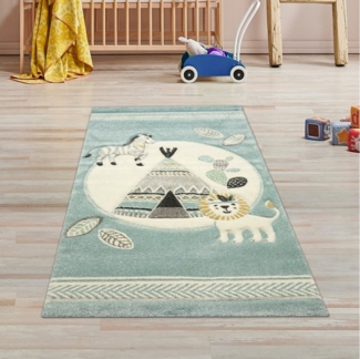 TeppichHome24 Kinderteppich Kinderteppich Zelt, Löwe in blau, rechteckig, Höhe: 13 mm