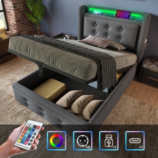 Einzelbett 90x200 cm mit Kopfteil, LED-Beleuchtung, USB Type-C Steckdose, Stauraum & Baumwoll-Leinenbezug,Grau