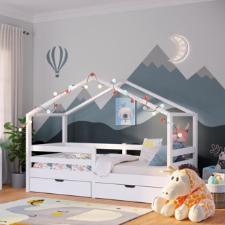 Bellabino 'Abia' Hausbett 90x200 cm mit 2 Schubladen, weiß, Kiefer Massivholz, Montessori Kinderbett mit Stauraum, inkl. Rausfallschutz und Lattenrost