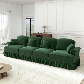 Flieks 4-Sitzer Sofa, Modular Sofa mit 4 Kissen, abnehmbarer Volant, Flared-Armlehnen & Holzbeinen, Chenille, Grün
