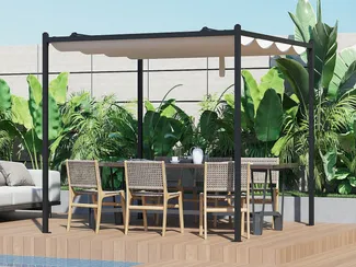 Vente-unique - Freistehende Pergola aus Stahl mit einziehbarem Dach – 5,3 m² – Schwarz – MAZARA