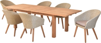 MERXX Garten-Essgruppe »Arrone«, (Set, 7-tlg, Tisch doppelt ausziehbar: 100x180/220/260x75 cm), Sesselbeine aus Akazienholz, Beine 9x9 cm, Tischplatte 3 cm