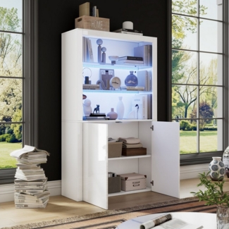 HAUSS SPOLE Vitrine Hochglanz mit LED-Leuchten, Displayschicht aus gehärtetem Glas Weiß (Sideboard, Wohnzimmerschrank, Organizer, 1-St, Displayschicht aus gehärtetem Glas) mit LED-Leuchten