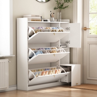 OKWISH Schuhschrank Kipp-Schuhschrank,mit 3 schubladen (Vielseitiger Kipp-Schuhschrank mit 3 Klappschubladen, Freistehendem Schuhregal und herunterklappbarer Sitzbank für Flur – Weiß, Moderner Eingangsorganizer, Ideal für schmale Flure und kleine Einga...