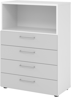 bümö smart Schubladenschrank, Büroschrank 80cm breit in Weiß/Grau mit 4 Schüben & 1 Regalfach - Bürocontainer aus Holz, Container mit Metallgriffen & Soft-Stop Schubladen, 938S4-W-5-BS
