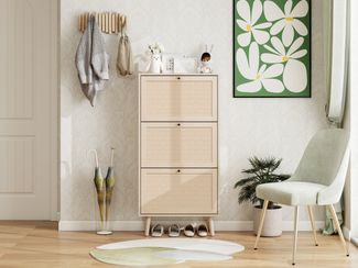 Schuhschrank 60 x 24 x 121 cm, Natural, mit handgewebten Türen und praktischem Stauraum