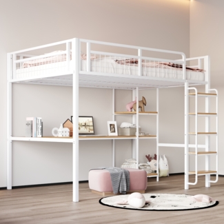 Metall-Hochbett 140x200 cm mit Sicherheitsleiter, Unterbetttisch, Regal, Eisenlattenrost, Kinderbett