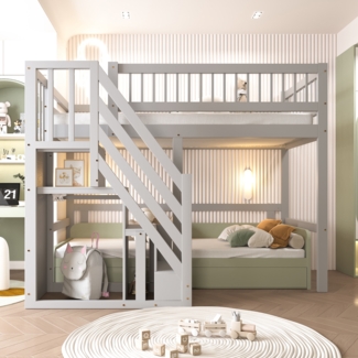 Hochbett Mit Aufbewahrungstreppe Grau Kiefer Massivholz Stauraum Schrank Treppe Sicherheitsgeländer Platzsparend Kinderzimmer Jugendzimmer Schreibtisch Bereich