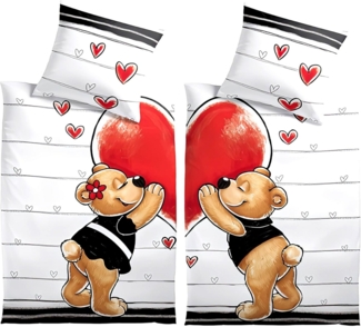 One Home Bettwäsche Teddy Bärchen Love, Mikrofaser, 4 teilig, verliebte Bären mit Herzen, Partnerbettwäsche