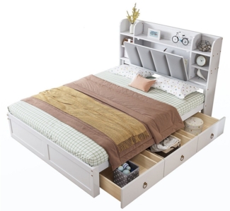 Sweiko Stauraumbett Doppelbett Kinderbett Funktionsbett Holzbett (Drei Schubladen mit Rollen Offenes Regal,Ablagefach mit herunterklappbarer Tür und 3 Schubladen, Rahmen aus Kiefer,Heranwachsende und Erwachsene, Kiefer+MDF), 140x200 cm, Weiß ohne Matratze