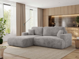 Ecksofa OVO mit schlaffunktion und bettkasten, Wellenfeder, lose Kissen, L-form 271x195 cm - Hellgrau Plüsch - linke Seite