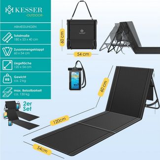 KESSER® Strandmatte klappbar mit verstellbarer Rückenlehne, Strandliege faltbar mit Tragegurt, wasserdichter Handyhülle & Aufbewahrungstasche, Sonnenliege für Strand Garten Terrasse, Liegematte 130Kg Schwarz, 2er Set