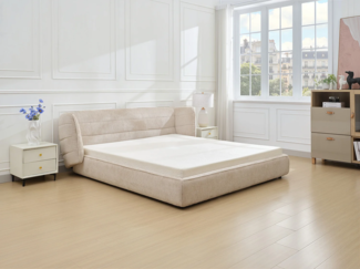 Vente-unique - Bett 140 x 200 cm mit geschwungenem Kopfteil - Bouclé-Stoff - Beige - LARUMO von Maison Céphy