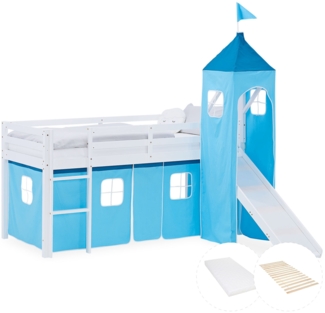 Hochbett Kinder 90x200 cm mit Rutsche Matratze Kinderbett Kinderhochbett Stockbett Vorhang Turm Blau