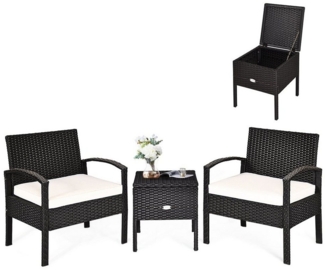 COSTWAY Balkonset, 3-tlg, Tisch mit Stauraum & 2 Sessel mit Kissen, Rattan