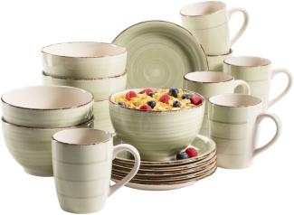 Mäser 931490 Lumaca Frühstück-Service für 6 Personen im Vintage Look, handbemalte Keramik, Geschirr-Set, Steingut, olivgrün, 18-teilig (1 Set)