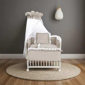 Babyhafen Beistellbett Baby 3in1 Babybett Komplettbett Royal Beige, Spitze-Weiß Stubenwagen, Massivholz, höhenverstellbar, 10 tlg.