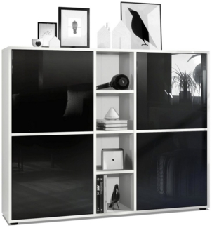 Vladon Highboard Cuba V3, Weiß matt/Schwarz Hochglanz - Moderne Anrichte mit 12 Fächern (130,5 x 105,5 x 35,5 cm)