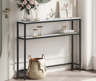 Vasagle Konsolentisch, schmal, mit 2 Ablagen, 2 Ebenen, Holzspanplatte, Stahl, marmorweiß-tintenschwarz, 20 x 100 x 80 cm