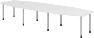 bümö Konferenztisch oval 400x130 cm großer Besprechungstisch in weiß, Besprechungstisch mit Gestell in Silber, Meetingtisch für 14 Personen, XXL-Tisch für Besprechungsraum & Meeting, KT40C-W-S
