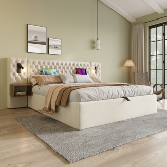 Polsterbett 160x200 cm Retro Design mit Nachttischen, Leselampen,USB/Type-C Ladefunktion & Stauraum,Samt Beige