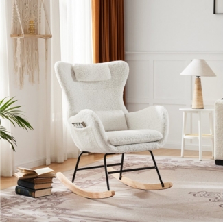 HAUSS SPOLE Schaukelstuhl mit Kopfstütze und Lendenkissen für Schlafzimmer Sherpa-Fleece Weiß