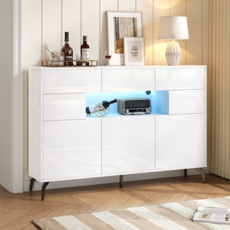 Merax Sideboard Hochglanz Buffetschrank mit LED-Beleuchtung (modernes Design für Wohnzimmer, 1 St, 140×30×94 cm), Anrichte Kommode mit 3 Schubladen & 5 Schränken & 5 Metallbeinen