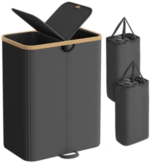 SONGMICS Wäschekorb 2 Fächer, Wäschesammler, 150 Liter, Wäschesortierer mit Deckel, Wäschetonne, Wäschesäcke herausnehmbar, für Waschküche, Schlafzimmer, Wohnzimmer, tintenschwarz-naturbeige