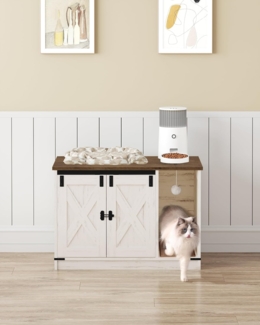 Katzenschrank, Katzentoilette, Katzenklo Schrank, Versteckte Katzentoilette Kabinett M?bel mit Katzenglocke, Indoor-Katzenhaus, 80 x 50 x 53 cm, fr Flur, Schlafzimmer, Vintagebraun-Wei?