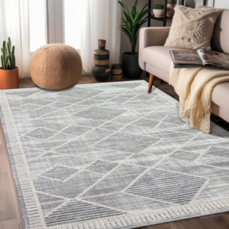Teppich Wohnzimmer Kurzflor Grau 200x290cm Meliert, Raute-Muster mit Hoch-Tief-Effekt, 3D Effekt, Weich
